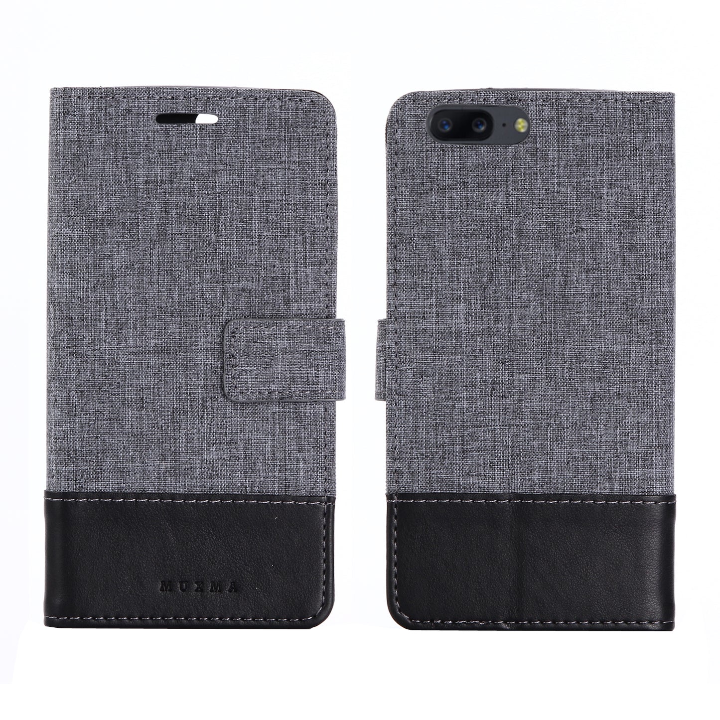 MUXMA Splicing Leather Canvas Stand Mobile Phone Case for OnePlus 5