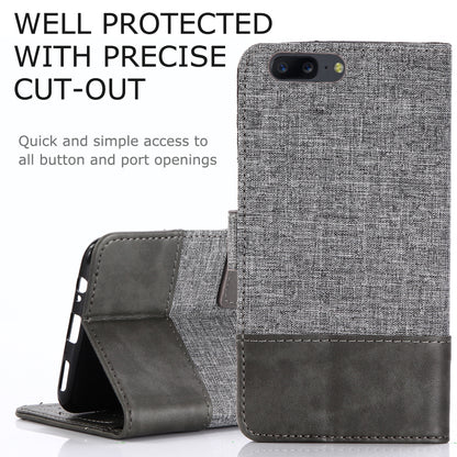MUXMA Splicing Leather Canvas Stand Mobile Phone Case for OnePlus 5