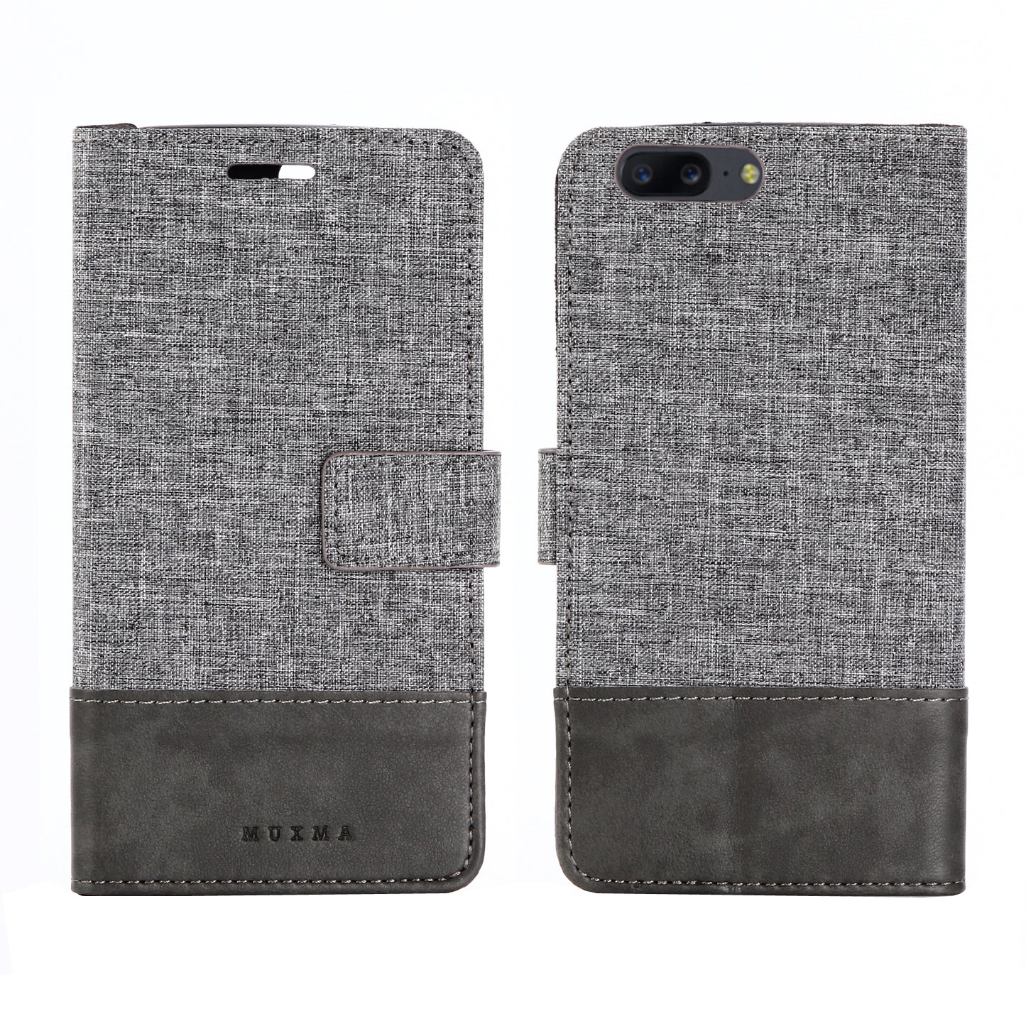 MUXMA Splicing Leather Canvas Stand Mobile Phone Case for OnePlus 5