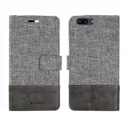 MUXMA Splicing Leather Canvas Stand Mobile Phone Case for OnePlus 5