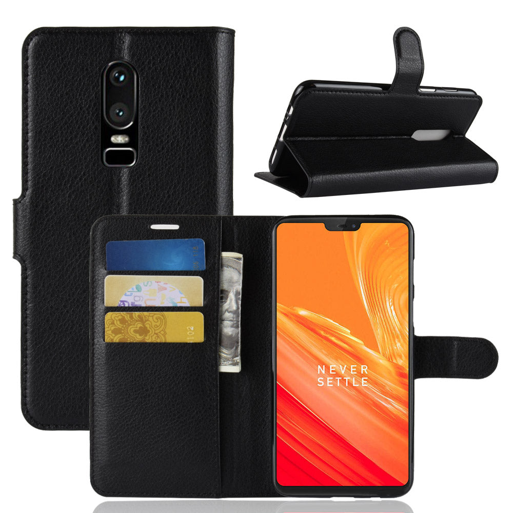 Litchi Skin Leather Stand Cover with Card Slots for OnePlus 6 Cell Phone Case Shell