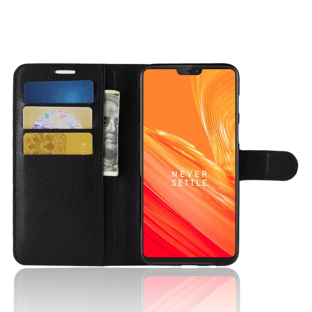 Litchi Skin Leather Stand Cover with Card Slots for OnePlus 6 Cell Phone Case Shell