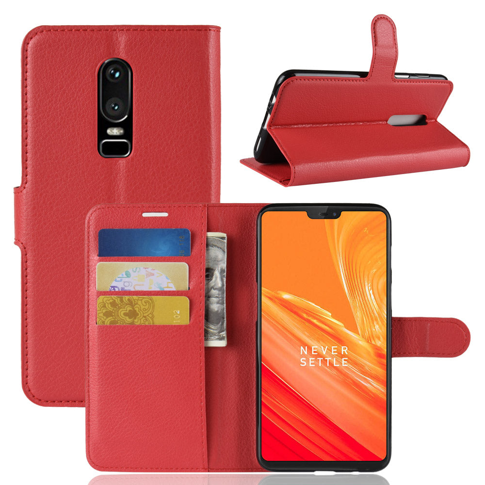 Litchi Skin Leather Stand Cover with Card Slots for OnePlus 6 Cell Phone Case Shell