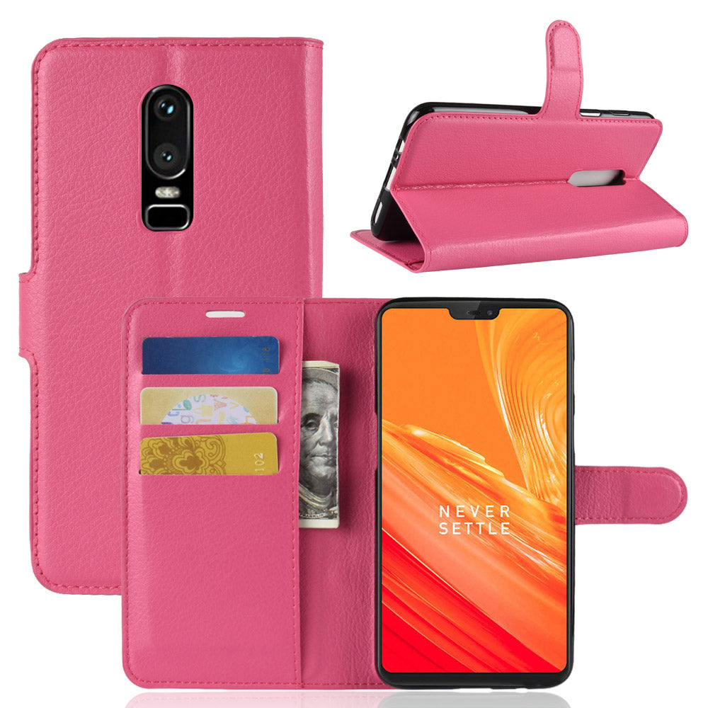 Litchi Skin Leather Stand Cover with Card Slots for OnePlus 6 Cell Phone Case Shell