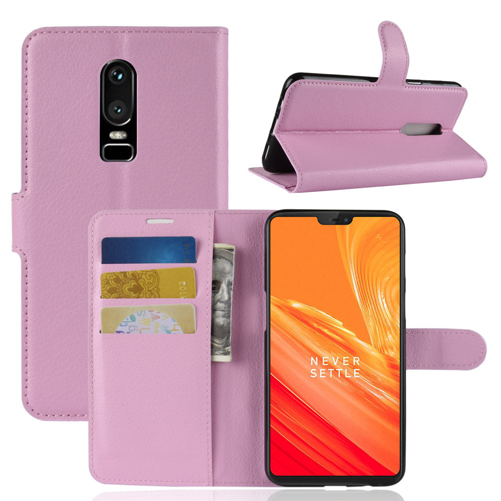 Litchi Skin Leather Stand Cover with Card Slots for OnePlus 6 Cell Phone Case Shell