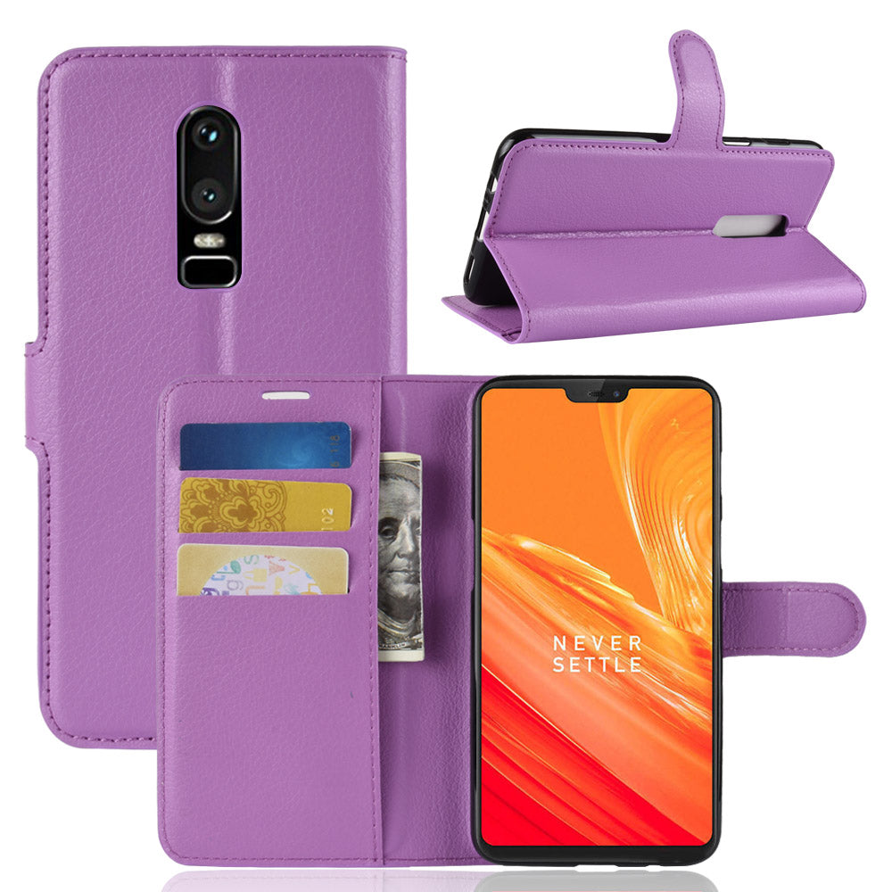 Litchi Skin Leather Stand Cover with Card Slots for OnePlus 6 Cell Phone Case Shell