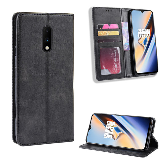 Auto-absorbed Vintage Leather Wallet Stand Shell for OnePlus 7