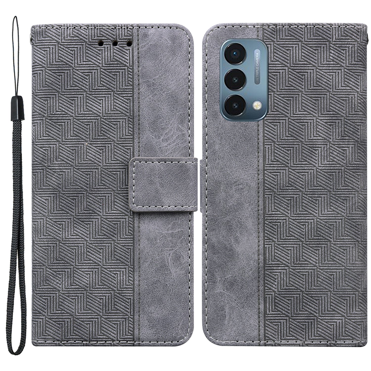 For OnePlus Nord N200 5G Imprinted Geometry Pattern PU Leather Magnetic Protection Cover Folding Stand Wallet Flip Folio Case with Strap