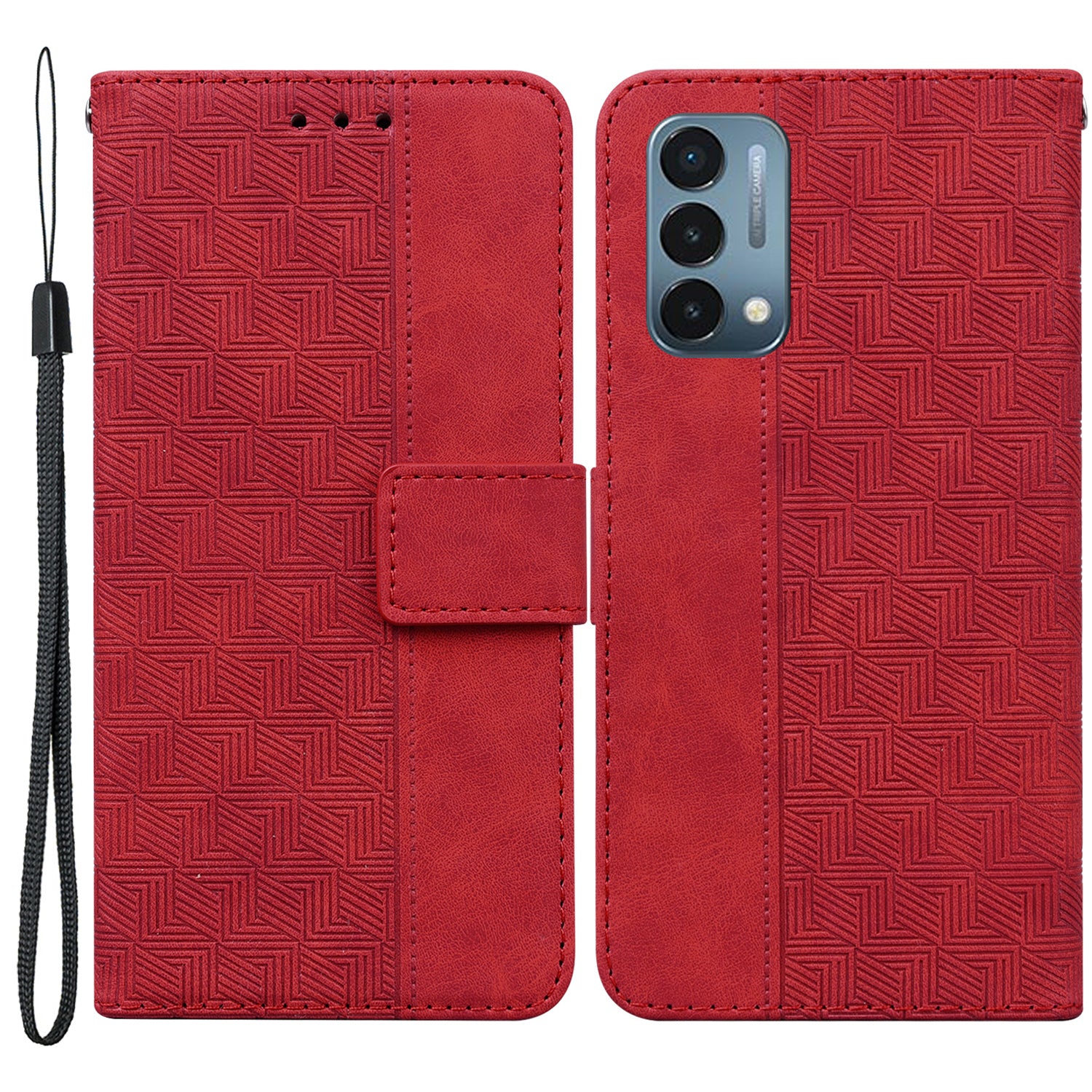 For OnePlus Nord N200 5G Imprinted Geometry Pattern PU Leather Magnetic Protection Cover Folding Stand Wallet Flip Folio Case with Strap
