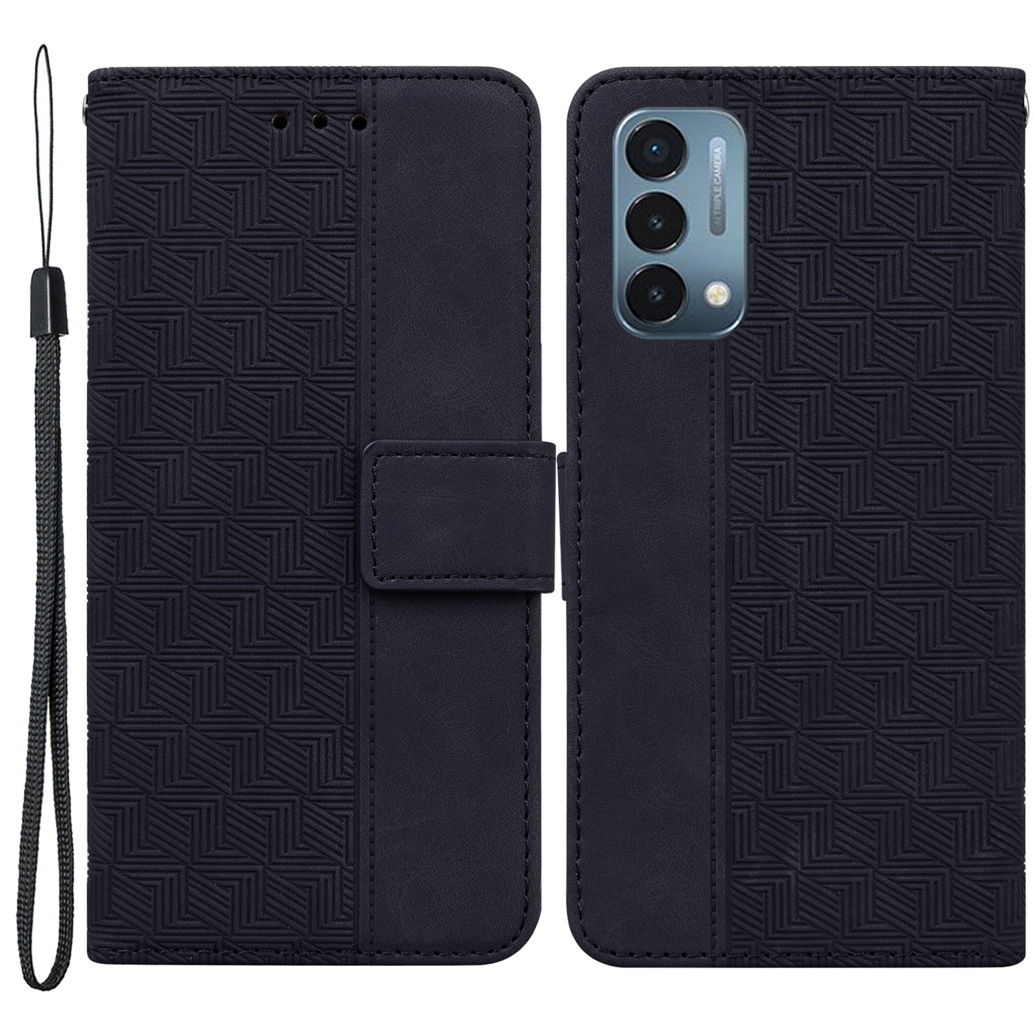 For OnePlus Nord N200 5G Imprinted Geometry Pattern PU Leather Magnetic Protection Cover Folding Stand Wallet Flip Folio Case with Strap