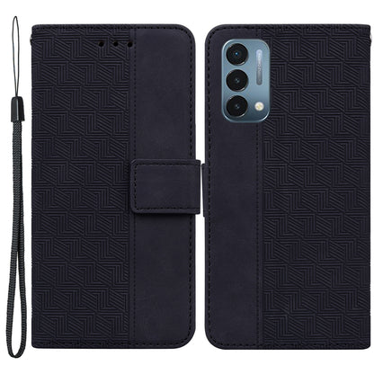 For OnePlus Nord N200 5G Imprinted Geometry Pattern PU Leather Magnetic Protection Cover Folding Stand Wallet Flip Folio Case with Strap