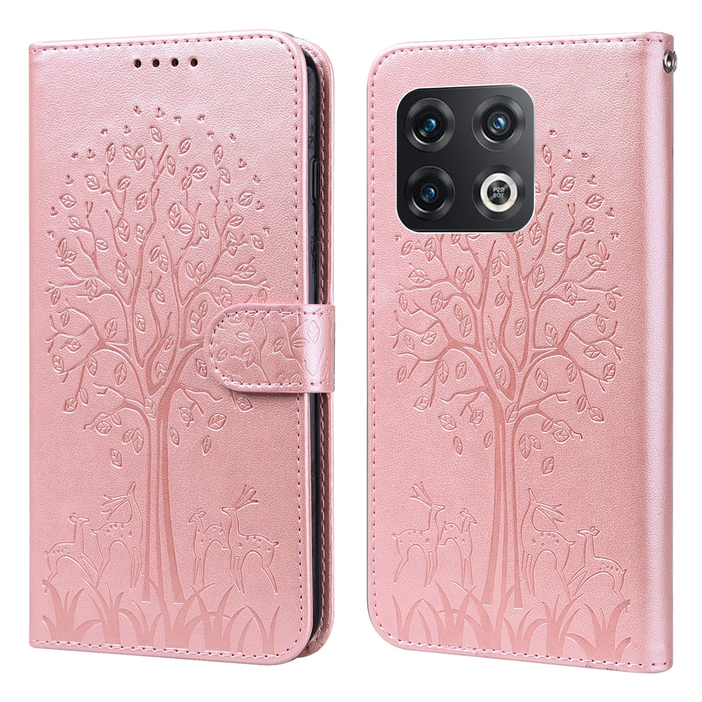 For OnePlus 10 Pro 5G Deer Tree Pattern Imprinted PU Leather Magnetic Flip Cover Stand Wallet Full-Body Protective Case