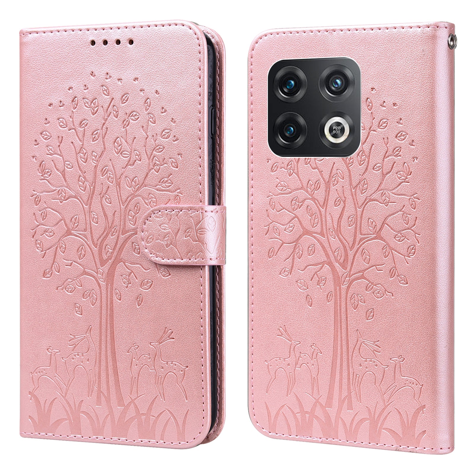 For OnePlus 10 Pro 5G Deer Tree Pattern Imprinted PU Leather Magnetic Flip Cover Stand Wallet Full-Body Protective Case