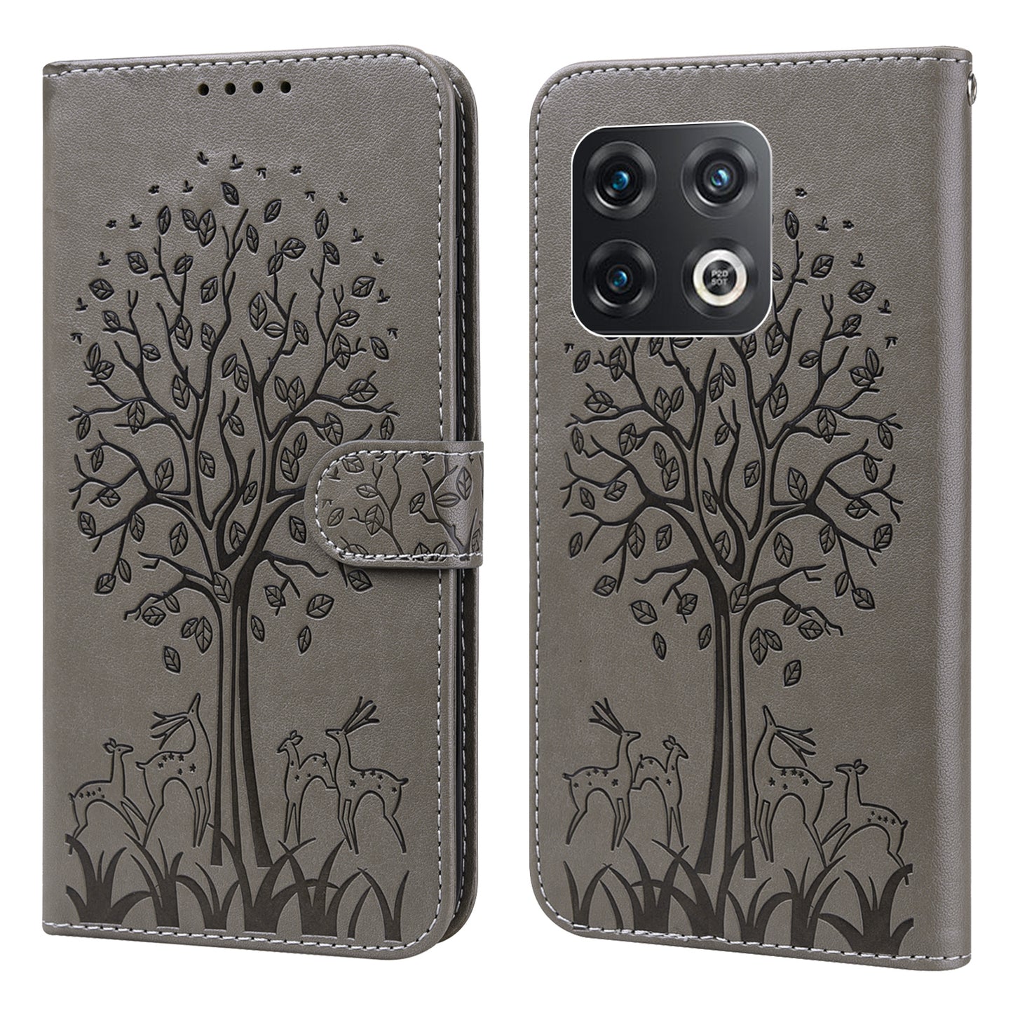 For OnePlus 10 Pro 5G Deer Tree Pattern Imprinted PU Leather Magnetic Flip Cover Stand Wallet Full-Body Protective Case