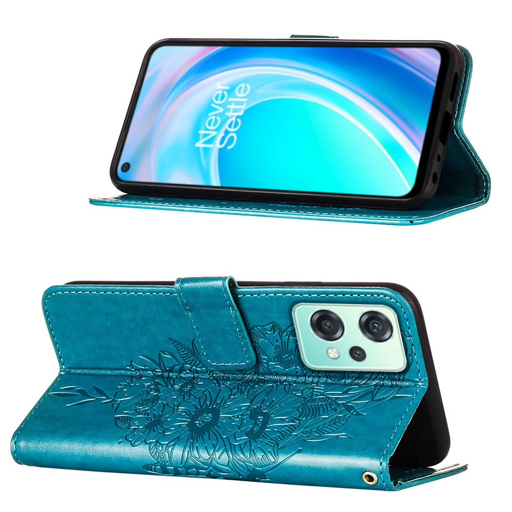 YB Imprinting Flower Series-4 for OnePlus Nord CE 2 Lite 5G Butterfly Flower Imprinted PU Leather Case Phone Wallet Stand Cover