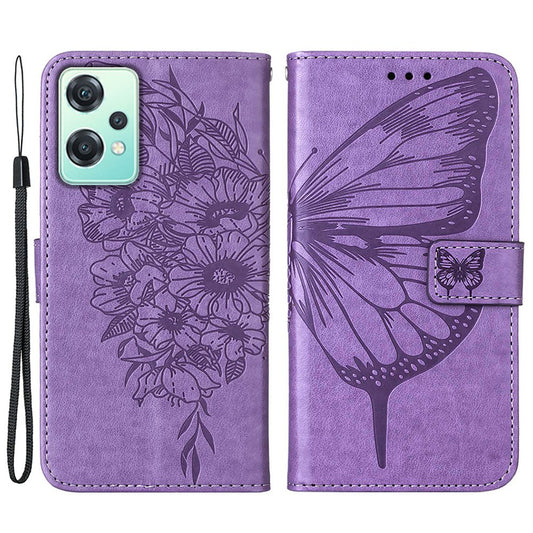 YB Imprinting Flower Series-4 for OnePlus Nord CE 2 Lite 5G Butterfly Flower Imprinted PU Leather Case Phone Wallet Stand Cover