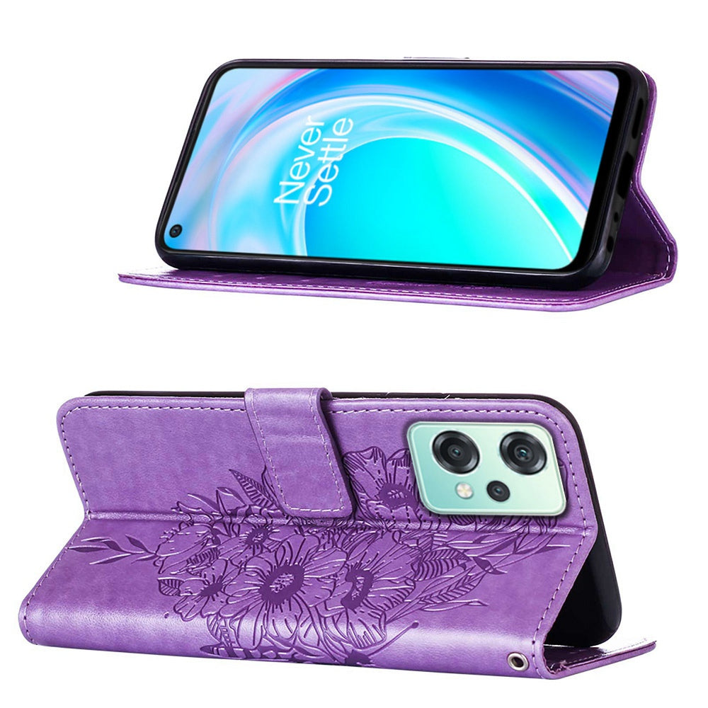 YB Imprinting Flower Series-4 for OnePlus Nord CE 2 Lite 5G Butterfly Flower Imprinted PU Leather Case Phone Wallet Stand Cover