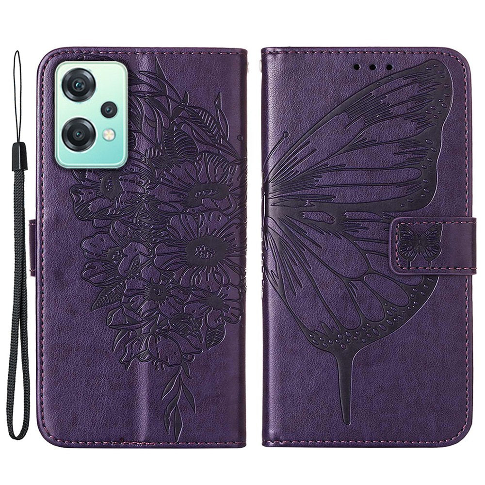 YB Imprinting Flower Series-4 for OnePlus Nord CE 2 Lite 5G Butterfly Flower Imprinted PU Leather Case Phone Wallet Stand Cover