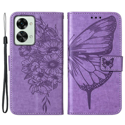 YB Imprinting Flower Series-4 for OnePlus Nord 2T 5G Butterfly Flower Imprinted Leather Case Full Protection Phone Cover with Stand Wallet