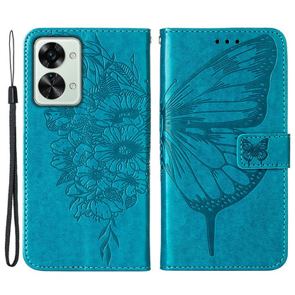 YB Imprinting Flower Series-4 for OnePlus Nord 2T 5G Butterfly Flower Imprinted Leather Case Full Protection Phone Cover with Stand Wallet