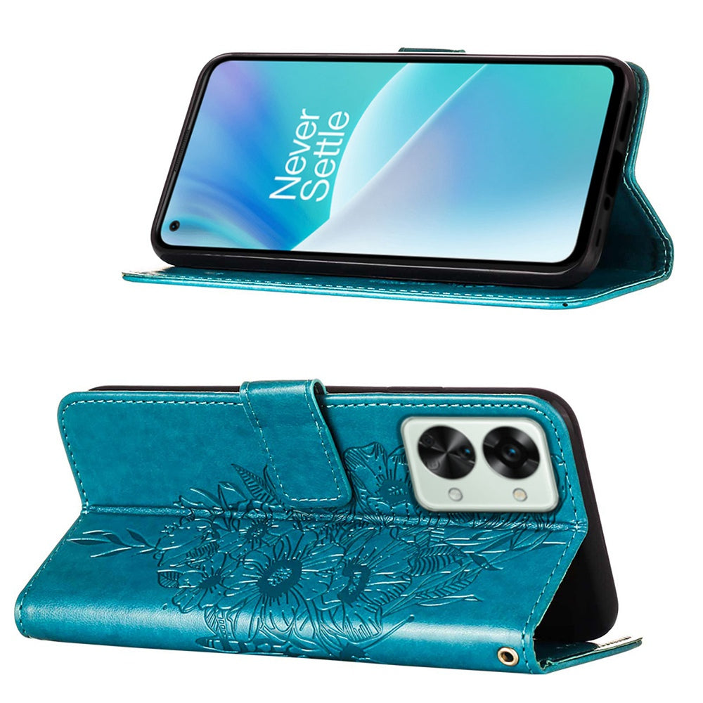 YB Imprinting Flower Series-4 for OnePlus Nord 2T 5G Butterfly Flower Imprinted Leather Case Full Protection Phone Cover with Stand Wallet