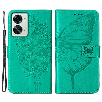 YB Imprinting Flower Series-4 for OnePlus Nord 2T 5G Butterfly Flower Imprinted Leather Case Full Protection Phone Cover with Stand Wallet