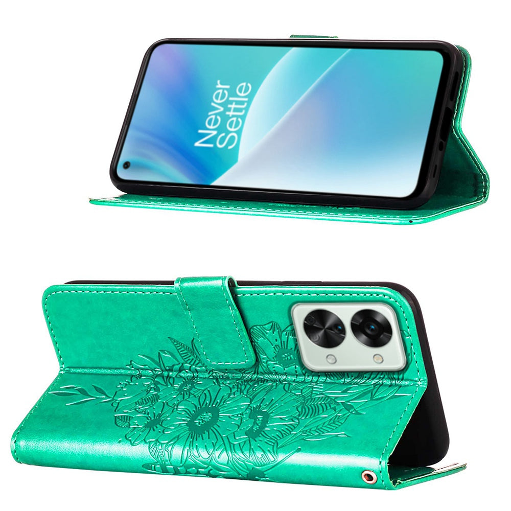 YB Imprinting Flower Series-4 for OnePlus Nord 2T 5G Butterfly Flower Imprinted Leather Case Full Protection Phone Cover with Stand Wallet