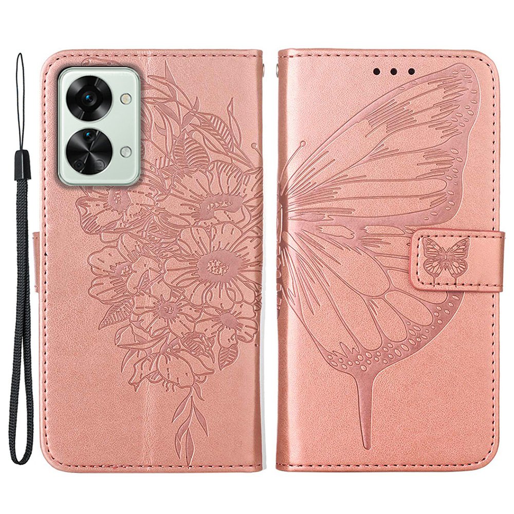 YB Imprinting Flower Series-4 for OnePlus Nord 2T 5G Butterfly Flower Imprinted Leather Case Full Protection Phone Cover with Stand Wallet