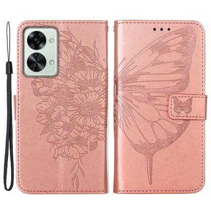 YB Imprinting Flower Series-4 for OnePlus Nord 2T 5G Butterfly Flower Imprinted Leather Case Full Protection Phone Cover with Stand Wallet