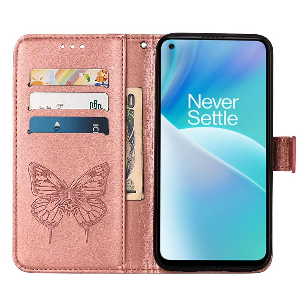 YB Imprinting Flower Series-4 for OnePlus Nord 2T 5G Butterfly Flower Imprinted Leather Case Full Protection Phone Cover with Stand Wallet