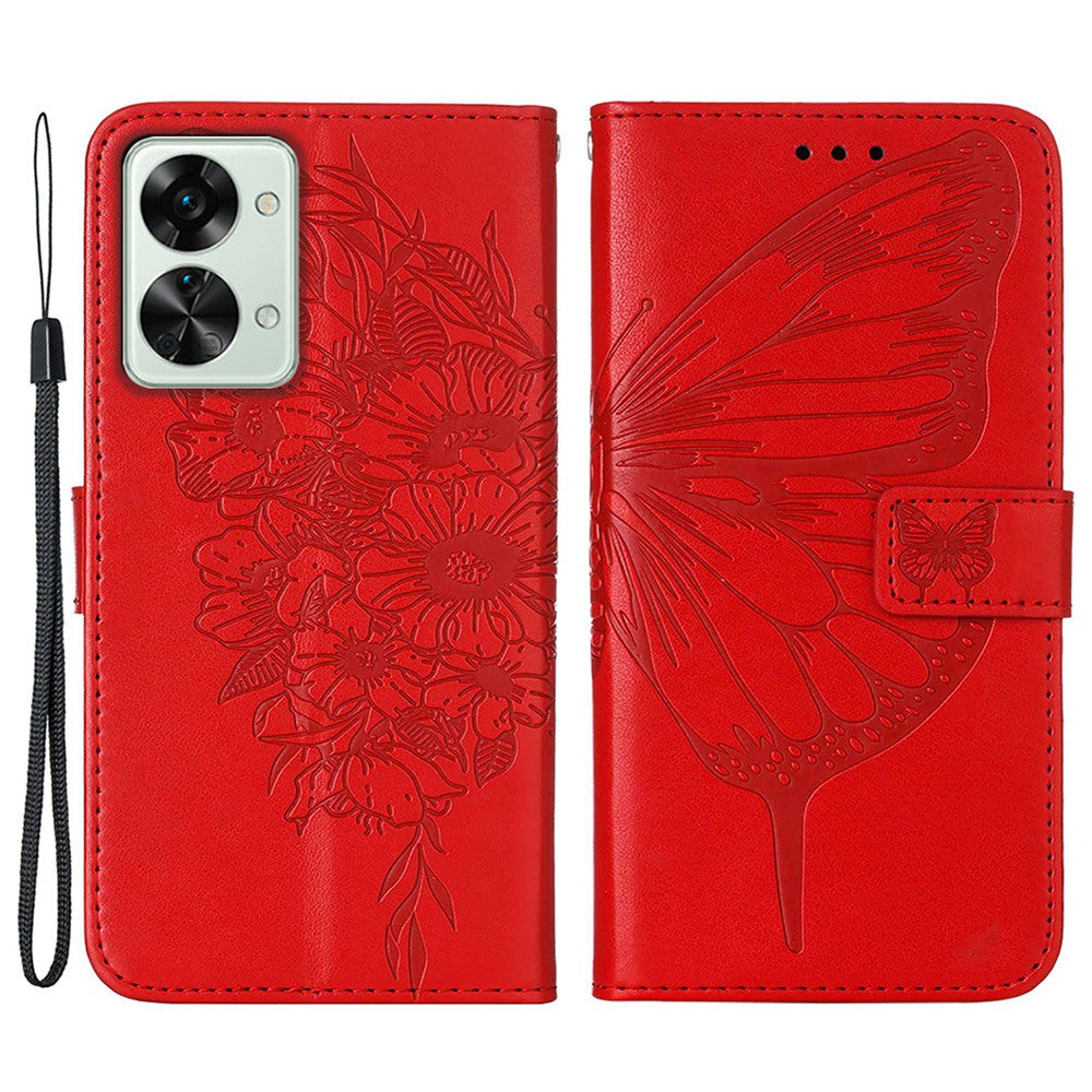 YB Imprinting Flower Series-4 for OnePlus Nord 2T 5G Butterfly Flower Imprinted Leather Case Full Protection Phone Cover with Stand Wallet