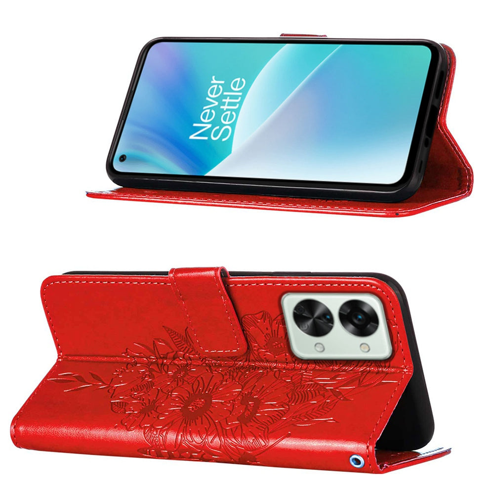 YB Imprinting Flower Series-4 for OnePlus Nord 2T 5G Butterfly Flower Imprinted Leather Case Full Protection Phone Cover with Stand Wallet