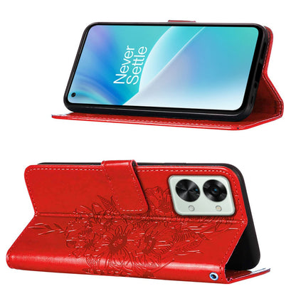 YB Imprinting Flower Series-4 for OnePlus Nord 2T 5G Butterfly Flower Imprinted Leather Case Full Protection Phone Cover with Stand Wallet