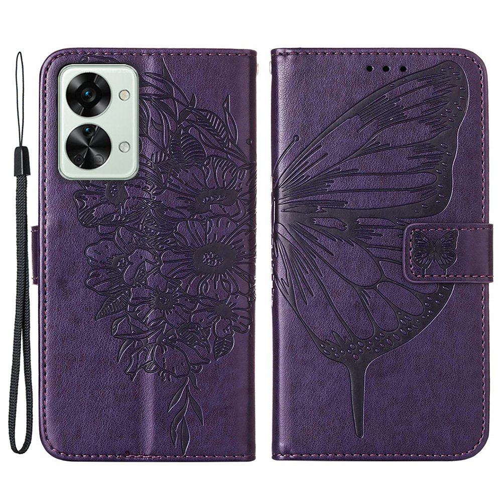YB Imprinting Flower Series-4 for OnePlus Nord 2T 5G Butterfly Flower Imprinted Leather Case Full Protection Phone Cover with Stand Wallet