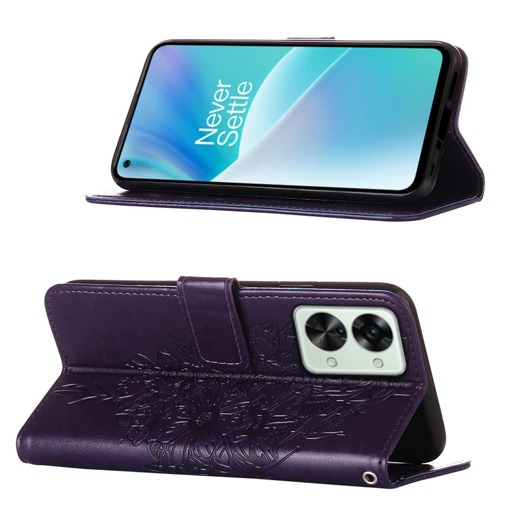YB Imprinting Flower Series-4 for OnePlus Nord 2T 5G Butterfly Flower Imprinted Leather Case Full Protection Phone Cover with Stand Wallet