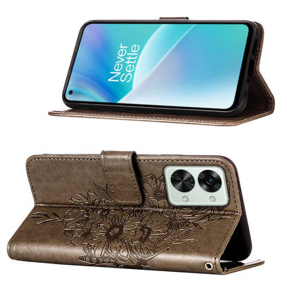 YB Imprinting Flower Series-4 for OnePlus Nord 2T 5G Butterfly Flower Imprinted Leather Case Full Protection Phone Cover with Stand Wallet