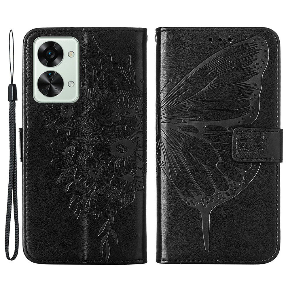 YB Imprinting Flower Series-4 for OnePlus Nord 2T 5G Butterfly Flower Imprinted Leather Case Full Protection Phone Cover with Stand Wallet