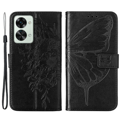 YB Imprinting Flower Series-4 for OnePlus Nord 2T 5G Butterfly Flower Imprinted Leather Case Full Protection Phone Cover with Stand Wallet