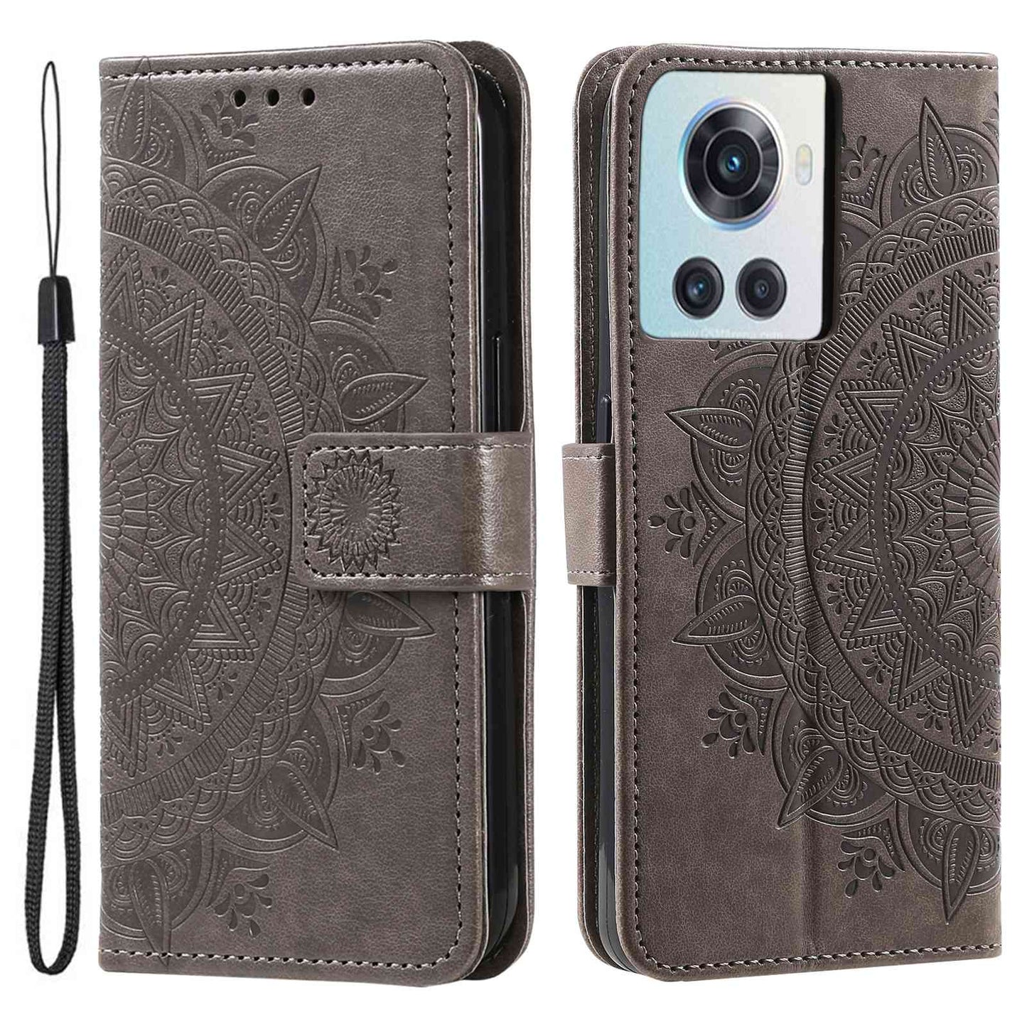 For OnePlus 10R 5G/Ace 5G Anti-scratch Stand Cover Mandala Flower Pattern Imprinted PU Leather Wallet Flip Case with Wrist Strap