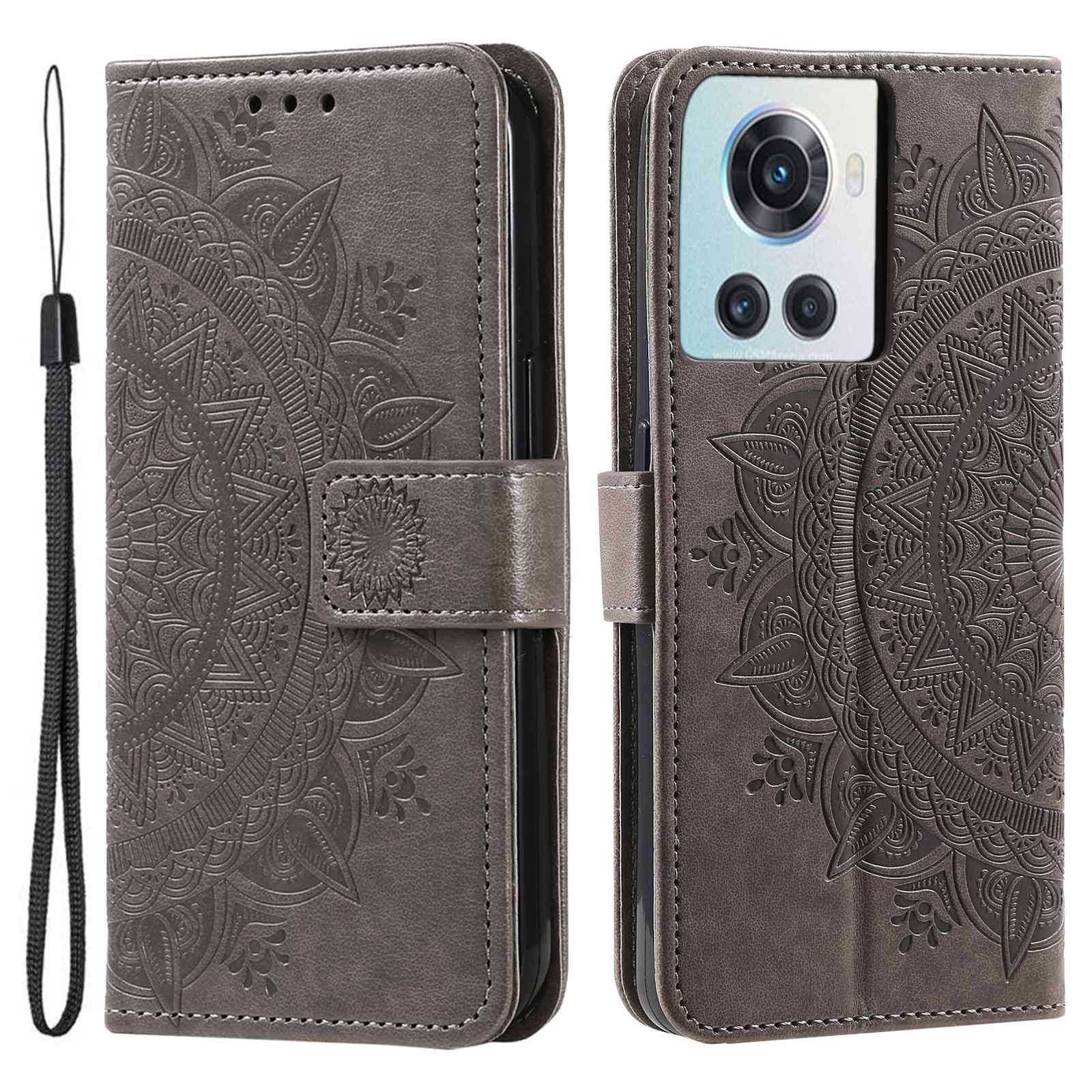 For OnePlus 10R 5G/Ace 5G Anti-scratch Stand Cover Mandala Flower Pattern Imprinted PU Leather Wallet Flip Case with Wrist Strap