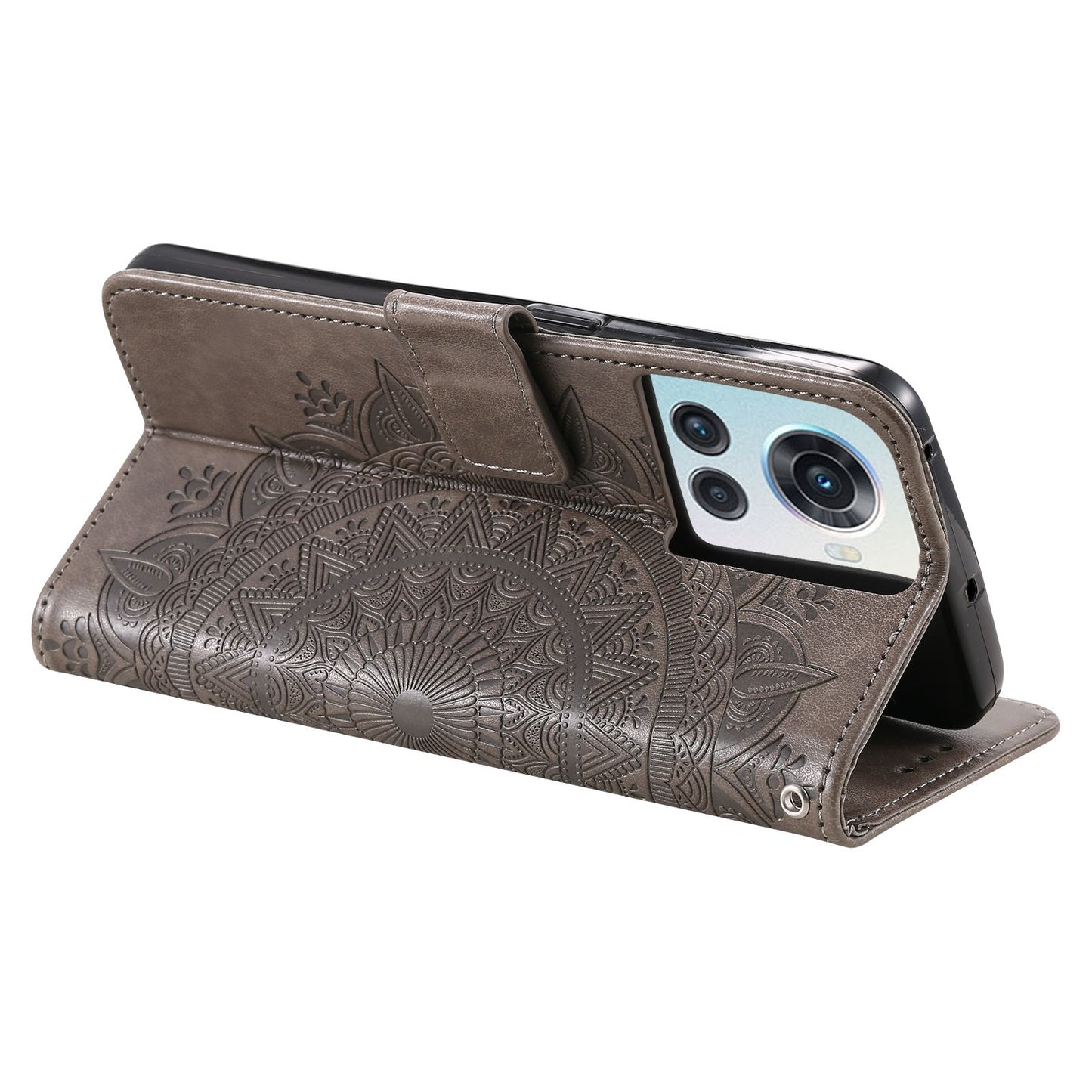 For OnePlus 10R 5G/Ace 5G Anti-scratch Stand Cover Mandala Flower Pattern Imprinted PU Leather Wallet Flip Case with Wrist Strap