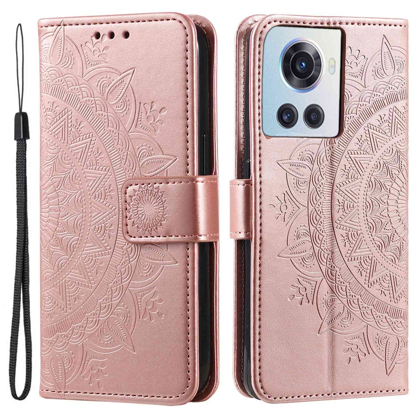 For OnePlus 10R 5G/Ace 5G Anti-scratch Stand Cover Mandala Flower Pattern Imprinted PU Leather Wallet Flip Case with Wrist Strap