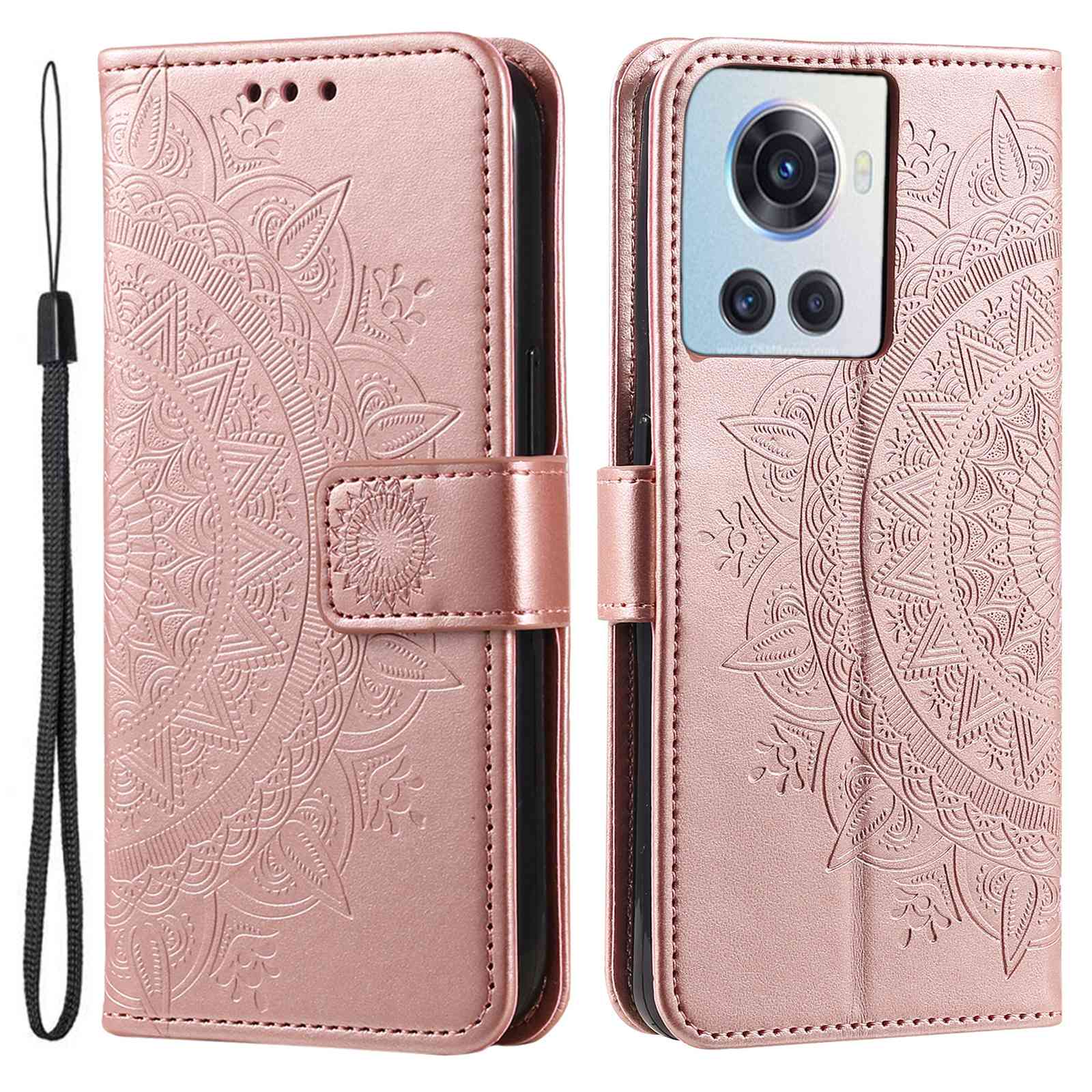 For OnePlus 10R 5G/Ace 5G Anti-scratch Stand Cover Mandala Flower Pattern Imprinted PU Leather Wallet Flip Case with Wrist Strap