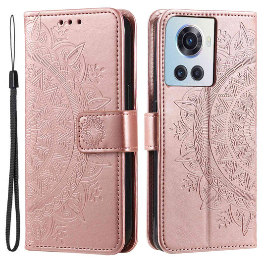 For OnePlus 10R 5G/Ace 5G Anti-scratch Stand Cover Mandala Flower Pattern Imprinted PU Leather Wallet Flip Case with Wrist Strap