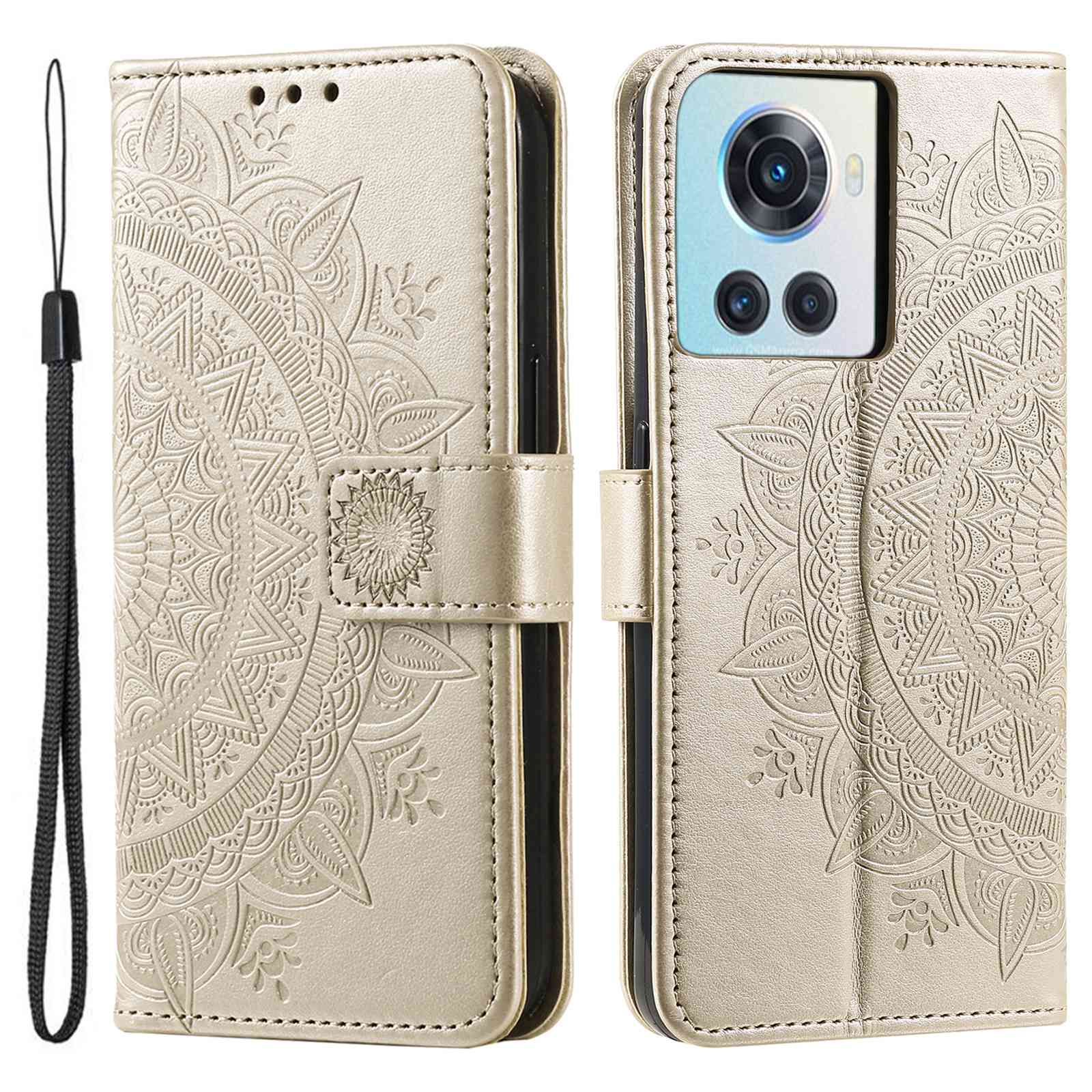 For OnePlus 10R 5G/Ace 5G Anti-scratch Stand Cover Mandala Flower Pattern Imprinted PU Leather Wallet Flip Case with Wrist Strap