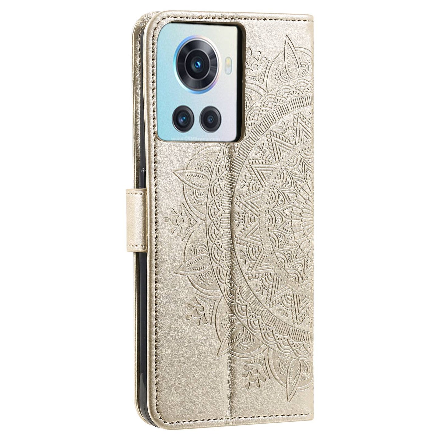 For OnePlus 10R 5G/Ace 5G Anti-scratch Stand Cover Mandala Flower Pattern Imprinted PU Leather Wallet Flip Case with Wrist Strap