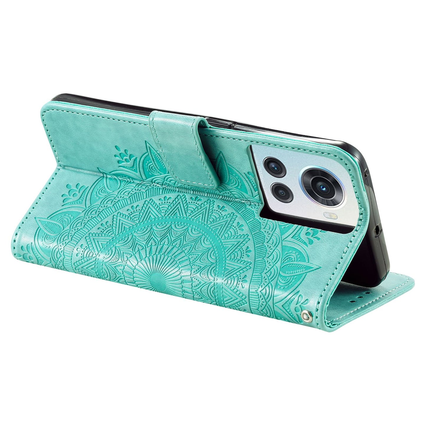 For OnePlus 10R 5G/Ace 5G Anti-scratch Stand Cover Mandala Flower Pattern Imprinted PU Leather Wallet Flip Case with Wrist Strap