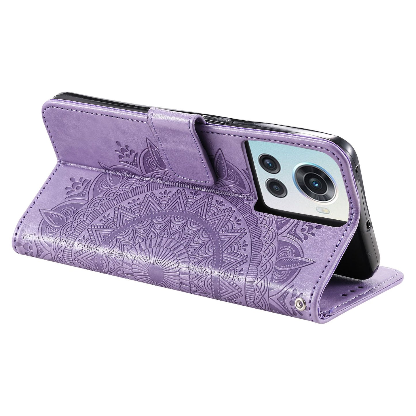 For OnePlus 10R 5G/Ace 5G Anti-scratch Stand Cover Mandala Flower Pattern Imprinted PU Leather Wallet Flip Case with Wrist Strap