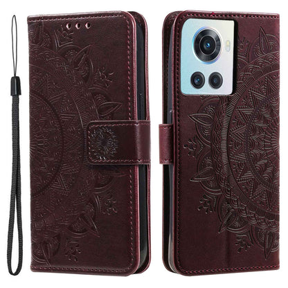For OnePlus 10R 5G/Ace 5G Anti-scratch Stand Cover Mandala Flower Pattern Imprinted PU Leather Wallet Flip Case with Wrist Strap