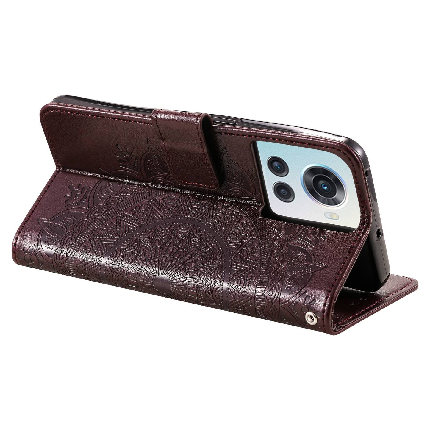 For OnePlus 10R 5G/Ace 5G Anti-scratch Stand Cover Mandala Flower Pattern Imprinted PU Leather Wallet Flip Case with Wrist Strap